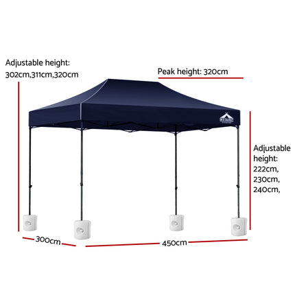 Instahut Gazebo Pop Up 3x4.5m w/Base Podx4 Marquee Folding Outdoor Wedding Camping Tent Shade Canopy Navy.