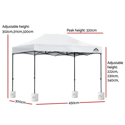 Instahut Gazebo Pop Up 3x4.5m w/Base Podx4 Marquee Folding Outdoor Wedding Camping Tent Shade Canopy White.
