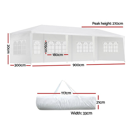 Instahut Gazebo 3x9m Marquee Wedding Party Tent Outdoor Camping Side Wall Canopy 5 Panel White.