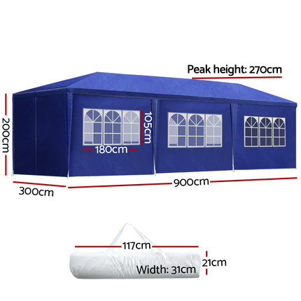 Instahut Gazebo 3x9m Marquee Wedding Party Tent Outdoor Camping Side Wall Canopy 8 Panel Blue.