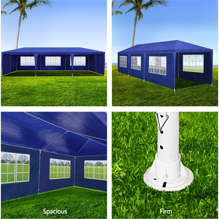 Instahut Gazebo 3x9m Marquee Wedding Party Tent Outdoor Camping Side Wall Canopy 8 Panel Blue.