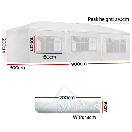 Instahut Gazebo 3x9m Marquee Wedding Party Tent Outdoor Camping Side Wall Canopy 8 Panel White.