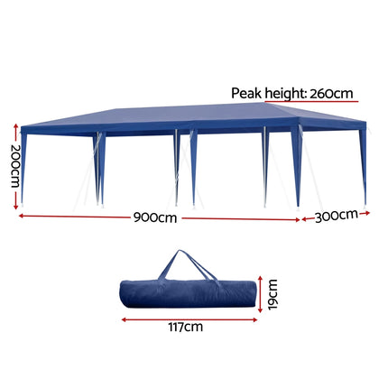 Instahut Gazebo 3x9m Wedding Party Marquee Tent Outdoor Event Camping Shade Blue.