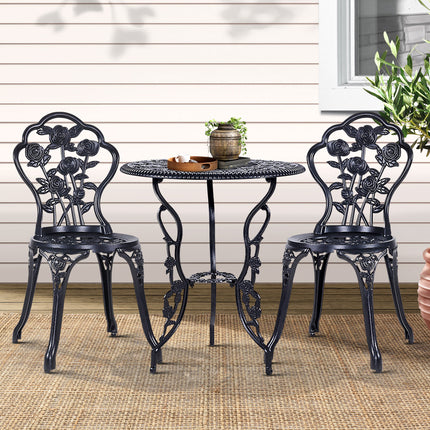 Gardeon 3PC Outdoor Setting Bistro Set Chairs Table Cast Aluminum Rose Black.