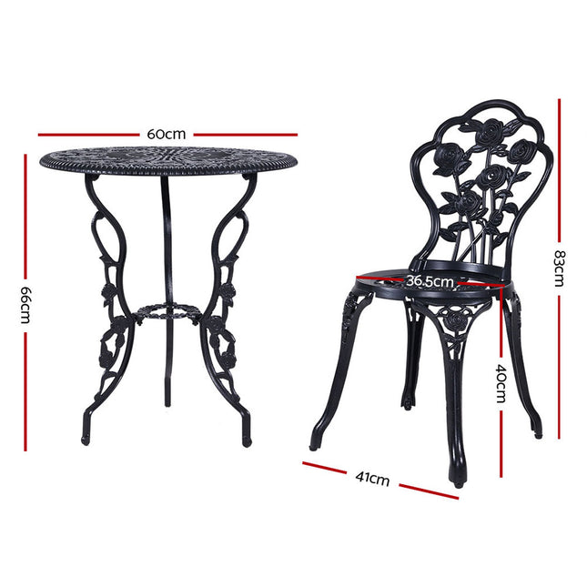 Gardeon 3PC Outdoor Setting Bistro Set Chairs Table Cast Aluminum Rose Black.