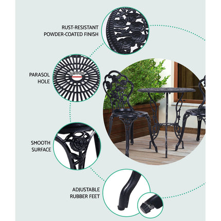Gardeon 3PC Outdoor Setting Bistro Set Chairs Table Cast Aluminum Rose Black.