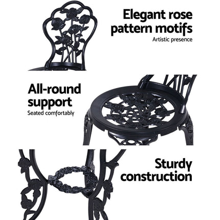 Gardeon 3PC Outdoor Setting Bistro Set Chairs Table Cast Aluminum Rose Black.