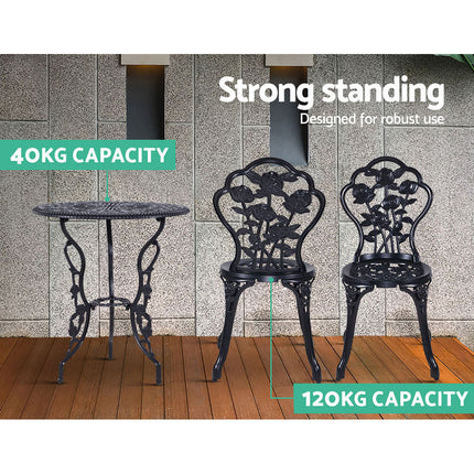 Gardeon 3PC Outdoor Setting Bistro Set Chairs Table Cast Aluminum Rose Black.