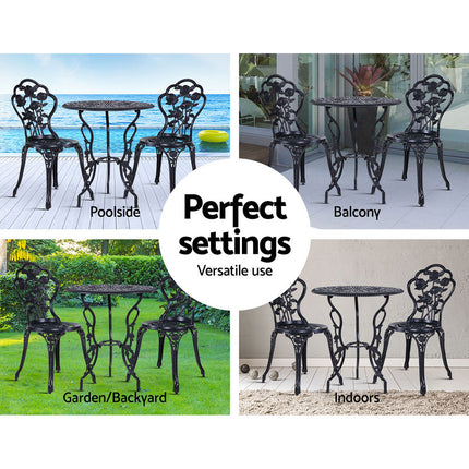 Gardeon 3PC Outdoor Setting Bistro Set Chairs Table Cast Aluminum Rose Black.