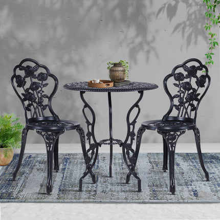Gardeon 3PC Outdoor Setting Bistro Set Chairs Table Cast Aluminum Rose Black.
