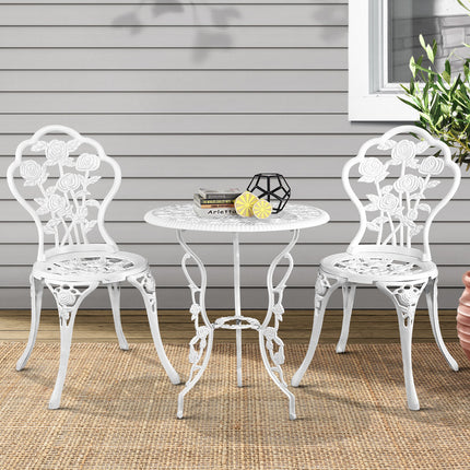Gardeon 3PC Outdoor Setting Bistro Set Chairs Table Cast Aluminum Patio Furniture Rose White.