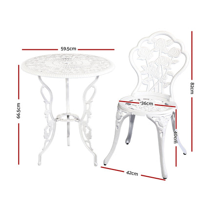Gardeon 3PC Outdoor Setting Bistro Set Chairs Table Cast Aluminum Patio Furniture Rose White.