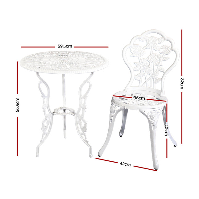 Gardeon 3PC Outdoor Setting Bistro Set Chairs Table Cast Aluminum Patio Furniture Rose White.