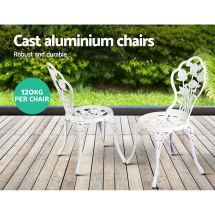 Gardeon 3PC Outdoor Setting Bistro Set Chairs Table Cast Aluminum Patio Furniture Rose White.