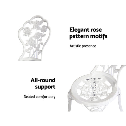 Gardeon 3PC Outdoor Setting Bistro Set Chairs Table Cast Aluminum Patio Furniture Rose White.
