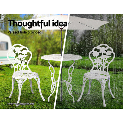 Gardeon 3PC Outdoor Setting Bistro Set Chairs Table Cast Aluminum Patio Furniture Rose White.