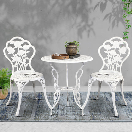 Gardeon 3PC Outdoor Setting Bistro Set Chairs Table Cast Aluminum Patio Furniture Rose White.