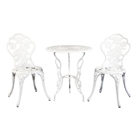 Gardeon 3PC Outdoor Setting Bistro Set Chairs Table Cast Aluminum Patio Furniture Rose White.