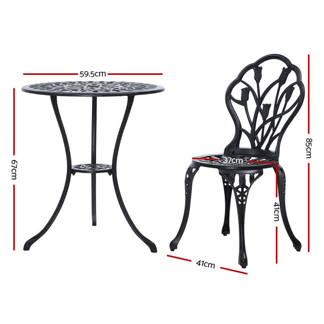 Gardeon 3PC Outdoor Setting Bistro Set Chairs Table Cast Aluminum Patio Furniture Tulip Black.