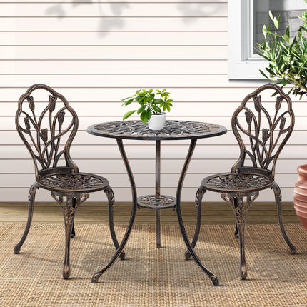 Gardeon 3PC Outdoor Setting Bistro Set Chairs Table Cast Aluminum Patio Furniture Tulip Bronze.