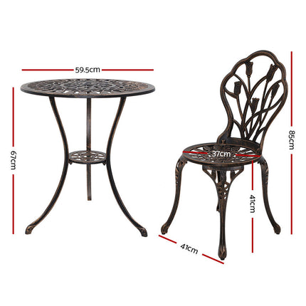 Gardeon 3PC Outdoor Setting Bistro Set Chairs Table Cast Aluminum Patio Furniture Tulip Bronze.