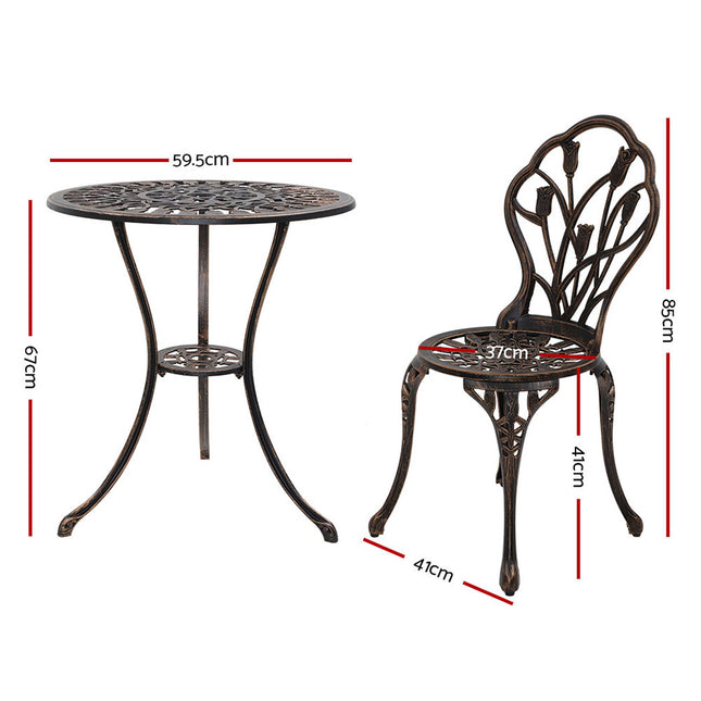 Gardeon 3PC Outdoor Setting Bistro Set Chairs Table Cast Aluminum Patio Furniture Tulip Bronze.