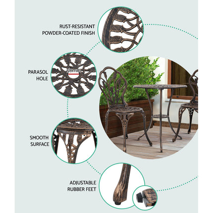 Gardeon 3PC Outdoor Setting Bistro Set Chairs Table Cast Aluminum Patio Furniture Tulip Bronze.