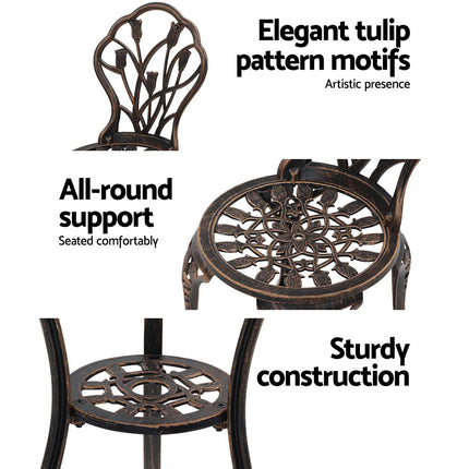Gardeon 3PC Outdoor Setting Bistro Set Chairs Table Cast Aluminum Patio Furniture Tulip Bronze.