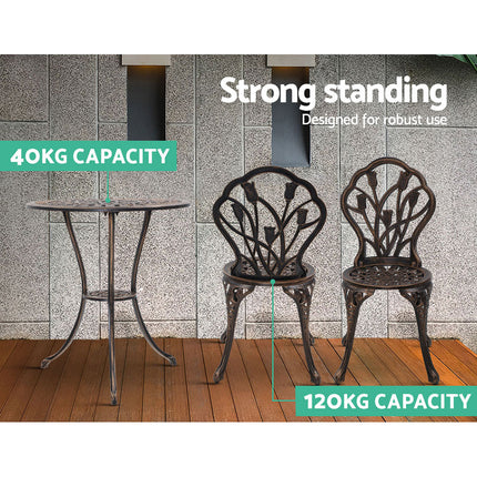 Gardeon 3PC Outdoor Setting Bistro Set Chairs Table Cast Aluminum Patio Furniture Tulip Bronze.