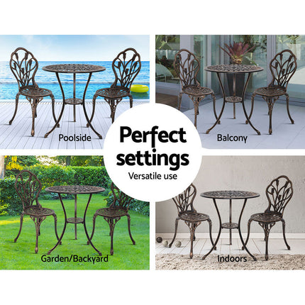 Gardeon 3PC Outdoor Setting Bistro Set Chairs Table Cast Aluminum Patio Furniture Tulip Bronze.