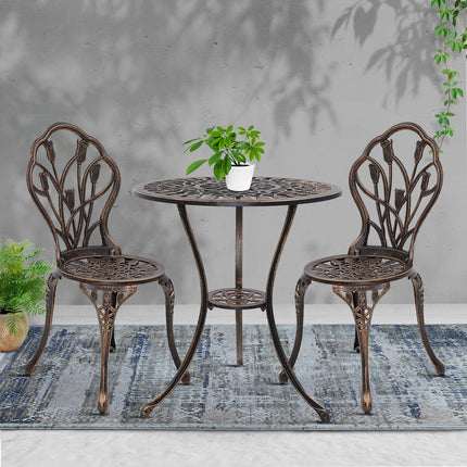 Gardeon 3PC Outdoor Setting Bistro Set Chairs Table Cast Aluminum Patio Furniture Tulip Bronze.