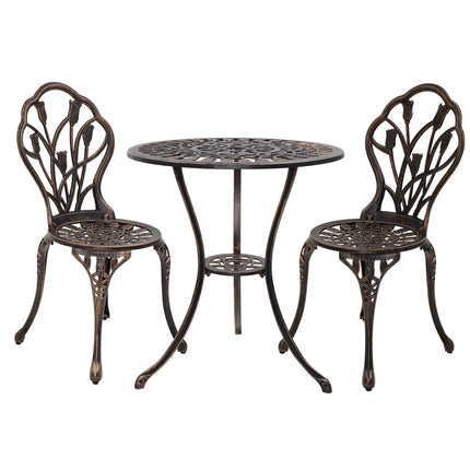 Gardeon 3PC Outdoor Setting Bistro Set Chairs Table Cast Aluminum Patio Furniture Tulip Bronze.