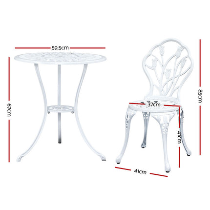 Gardeon 3PC Outdoor Setting Bistro Set Chairs Table Cast Aluminum Patio Furniture Tulip White.