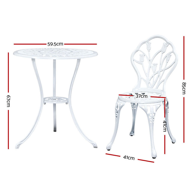 Gardeon 3PC Outdoor Setting Bistro Set Chairs Table Cast Aluminum Patio Furniture Tulip White.