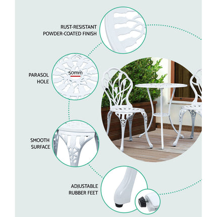 Gardeon 3PC Outdoor Setting Bistro Set Chairs Table Cast Aluminum Patio Furniture Tulip White.