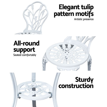 Gardeon 3PC Outdoor Setting Bistro Set Chairs Table Cast Aluminum Patio Furniture Tulip White.