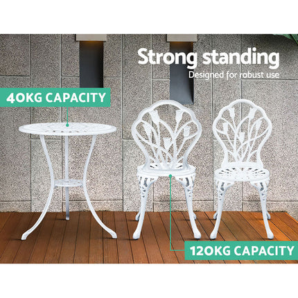 Gardeon 3PC Outdoor Setting Bistro Set Chairs Table Cast Aluminum Patio Furniture Tulip White.
