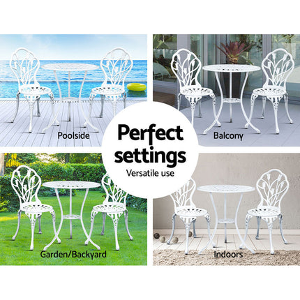 Gardeon 3PC Outdoor Setting Bistro Set Chairs Table Cast Aluminum Patio Furniture Tulip White.