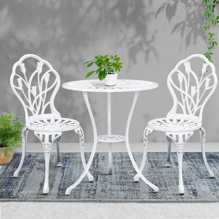 Gardeon 3PC Outdoor Setting Bistro Set Chairs Table Cast Aluminum Patio Furniture Tulip White.