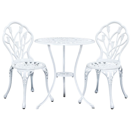 Gardeon 3PC Outdoor Setting Bistro Set Chairs Table Cast Aluminum Patio Furniture Tulip White.