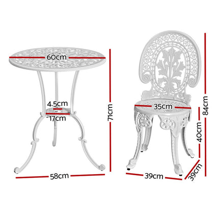 Gardeon 3PC Patio Furniture Outdoor Bistro Set Dining Chairs Aluminium White.