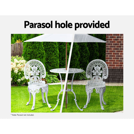 Gardeon 3PC Patio Furniture Outdoor Bistro Set Dining Chairs Aluminium White.