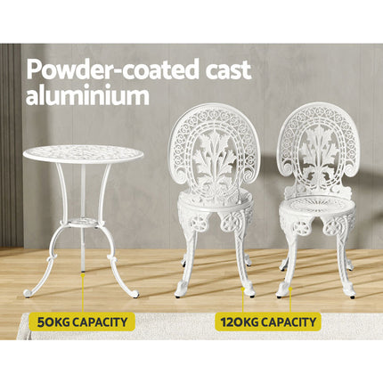 Gardeon 3PC Patio Furniture Outdoor Bistro Set Dining Chairs Aluminium White.