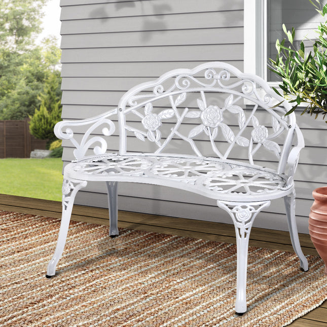 Gardeon Outdoor Garden Bench Seat 100cm Cast Aluminium Outdoor Patio Chair Vintage White.