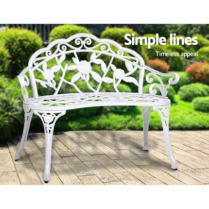 Gardeon Outdoor Garden Bench Seat 100cm Cast Aluminium Outdoor Patio Chair Vintage White.