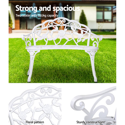 Gardeon Outdoor Garden Bench Seat 100cm Cast Aluminium Outdoor Patio Chair Vintage White.