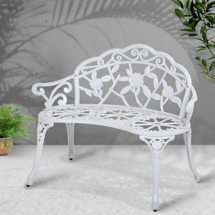 Gardeon Outdoor Garden Bench Seat 100cm Cast Aluminium Outdoor Patio Chair Vintage White.