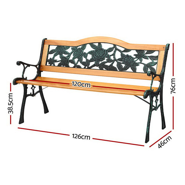 Gardeon Outdoor Garden Bench Seat 126cm Wooden Cast Iron 3 Seater Patio Furniture.