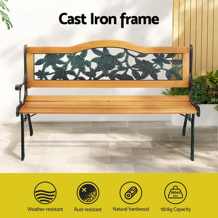 Gardeon Outdoor Garden Bench Seat 126cm Wooden Cast Iron 3 Seater Patio Furniture.