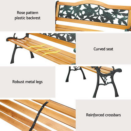 Gardeon Outdoor Garden Bench Seat 126cm Wooden Cast Iron 3 Seater Patio Furniture.